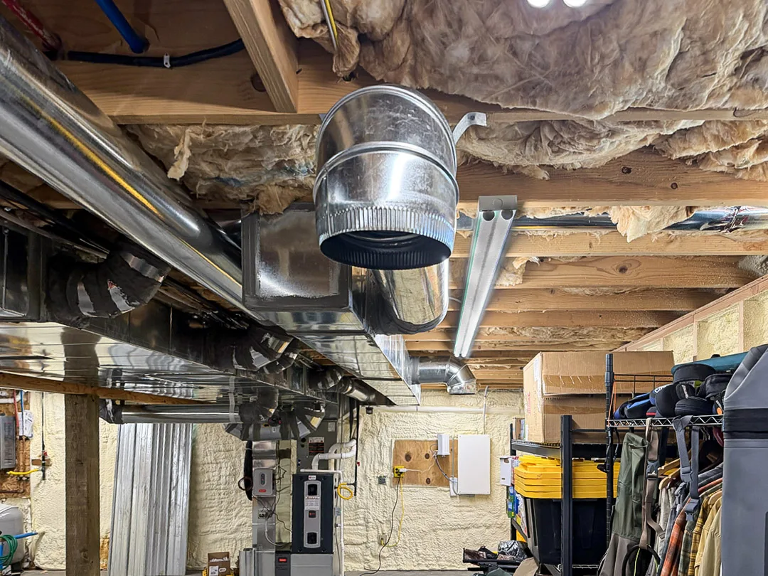 New basement HVAC ductwork and supply connections in Montana