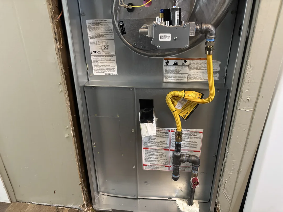 Mobile home furnace gas connection and internal cabinet during installation